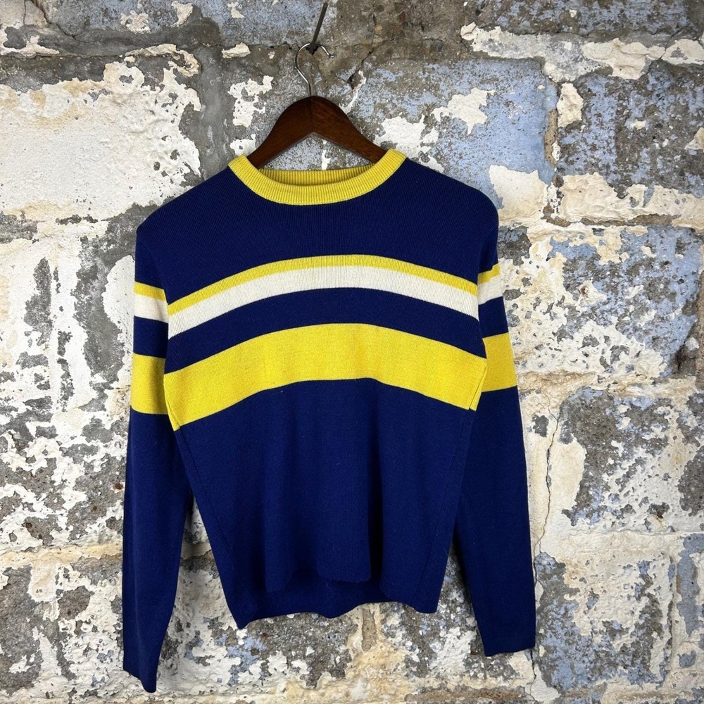 Vintage Striped Crewneck Sweater Mens L Blue Yellow Good Wool Blend Retro